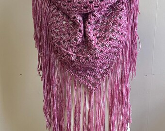 Handmade Pink Crochet Shawl with Fringe: Bohemian Women's Accessory