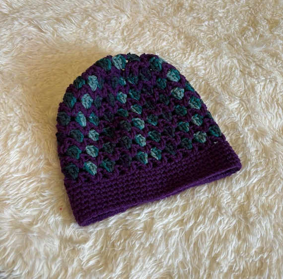 Purple and Teal Crochet Beanie, Slouch Beanie, Crochet Slouch