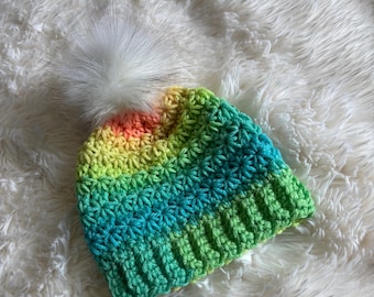 Rainbow Crochet Beanie, Pom Pom Winter Hat