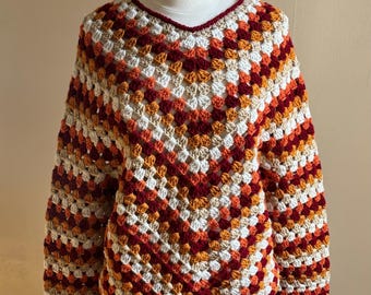 Handmade Crochet Pullover Sweater: Red, Orange, Gold Striped Design