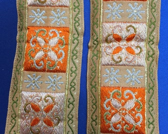 Made in France Price is per Yard Brocade Ribbon with Geometric Floral Pattern Light to Dark Blues Green on a Custard background