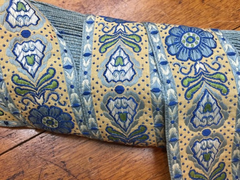 Made in France Price is per Yard Brocade Ribbon with Geometric Floral Pattern Light to Dark Blues Green on a Custard background