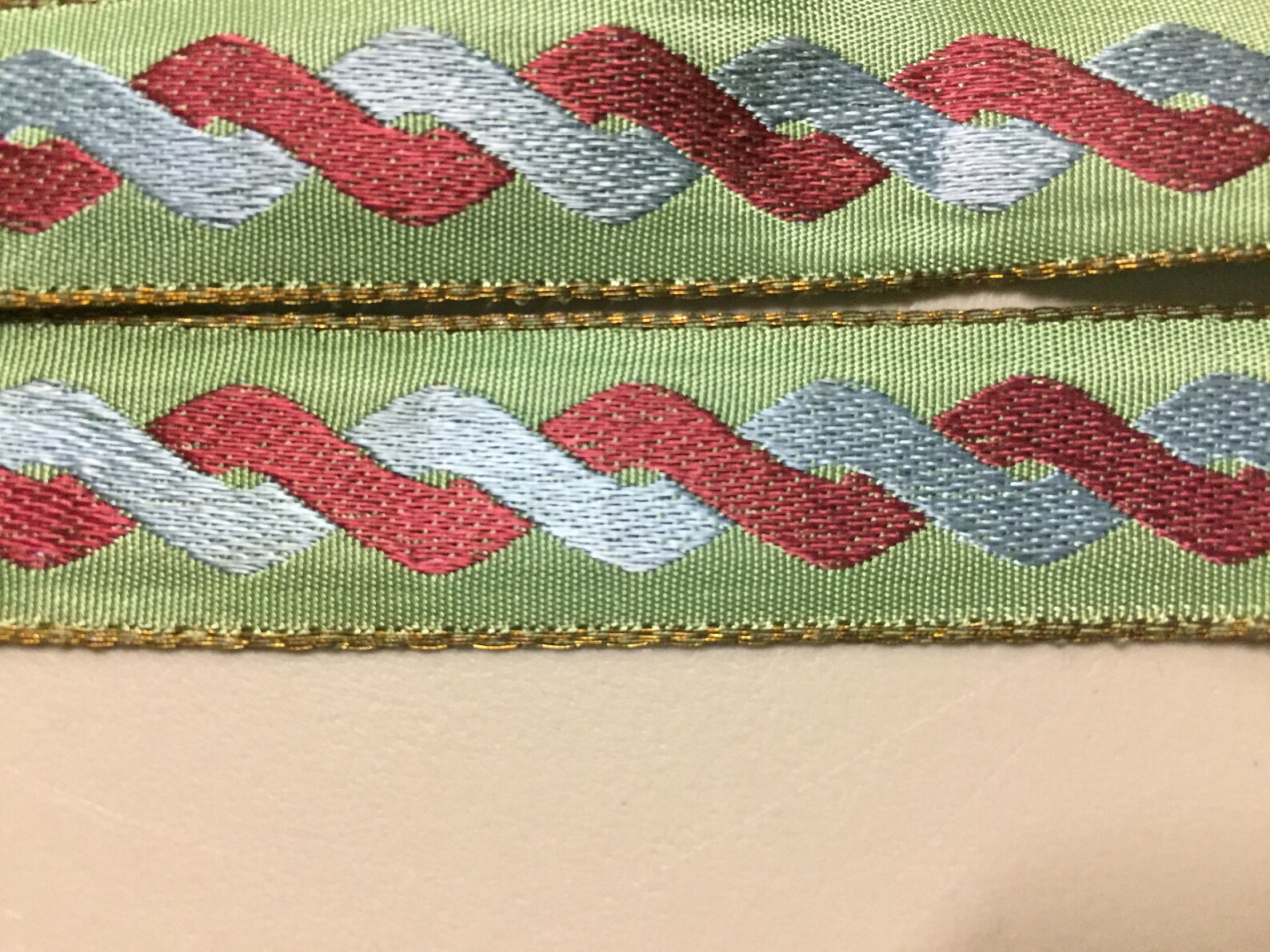 Jacquard Ribbon, Blue and Red Interlocking Lifted Design on Green ...