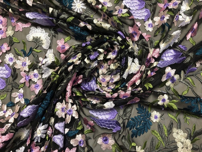 Embroidered Lace Tulle Violet Grapes 54 inches wide price is per Yard Green and Violet florals on a Black tulle White Blush