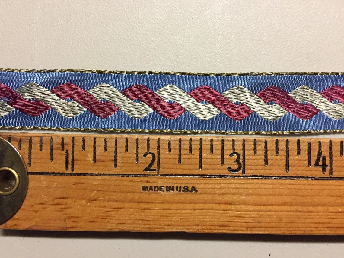 Jacquard Ribbon, Red, Ivory Interlocking Lifted Design on a French Blue ...