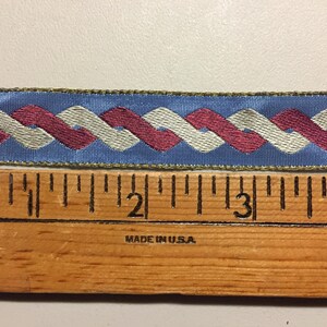 Jacquard Ribbon, Red, Ivory Interlocking Lifted Design on a French Blue ...