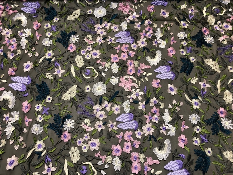 Embroidered Lace Tulle Violet Grapes 54 inches wide price is per Yard Green and Violet florals on a Black tulle White Blush