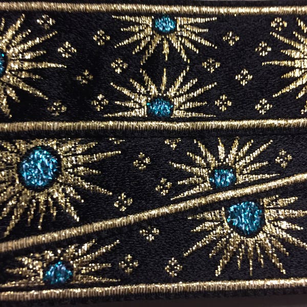 Brocada Vintage con patrón geométrico, negro, oro metálico y azul, hecho en Francia, 1 1/8 pulgadas, el precio se corta a medida