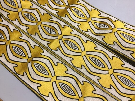 Made in France Price is per Yard Brocade Ribbon with Geometric Floral Pattern Light to Dark Blues Green on a Custard background