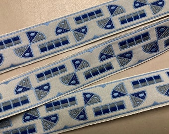 Jacquard Ribbon with Geometric Pattern, Gray, Navy Blue, Light Gray, 7/8 inches wide, Price is per Yard