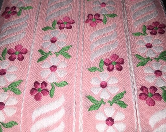 Vintage 100% cotton floral ribbon, french, beautiful, pink background with dark pink, white and green florals, white finished edging, 1 3/8"