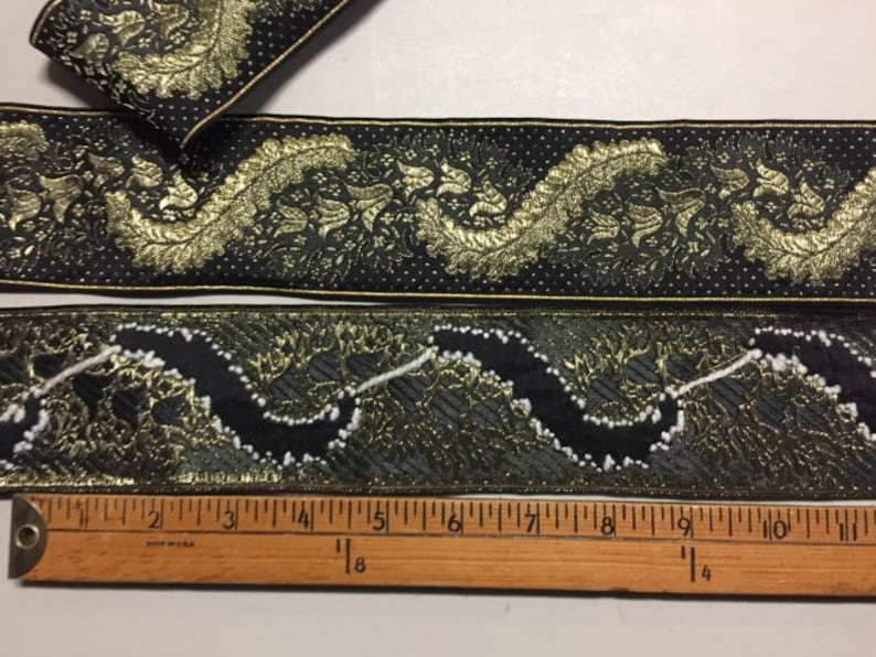 made in France Vintage Ribbon in Black with a Metallic Gold Paisley pattern Price is per Yard 2 58 inches wide