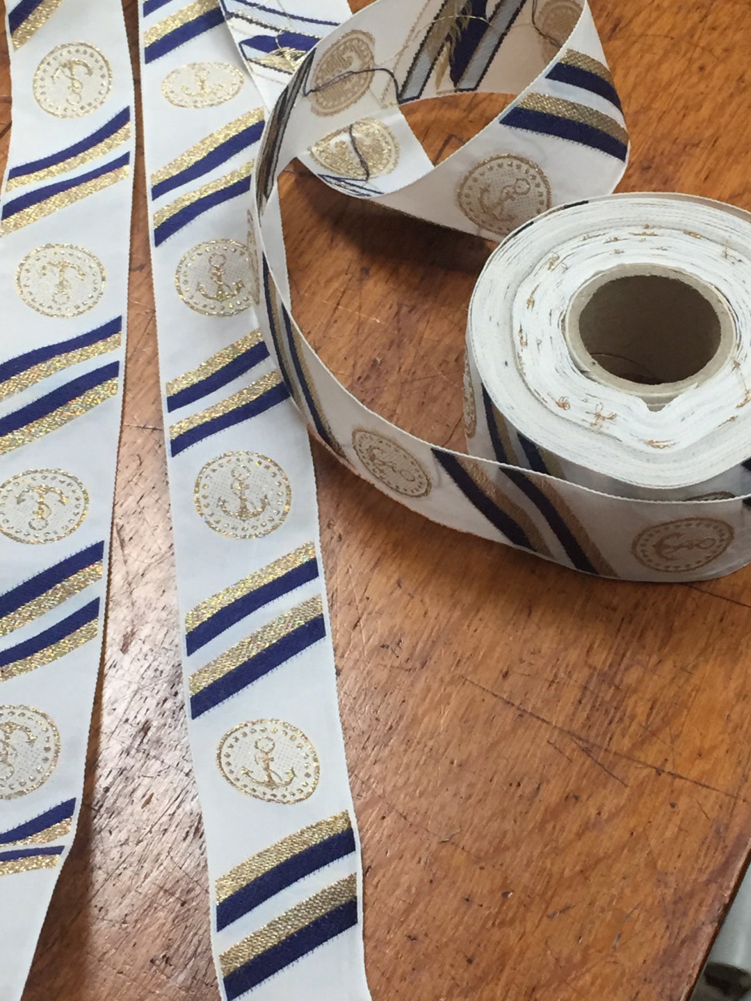 Vintage Naval Ribbon - Iridescent Gold Anchor Crest With White Gold and ...