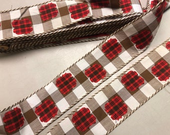 Vintage Cotton plaid ribbon from France, 2 1/8 inch brown and white gingham check with a red embroidery