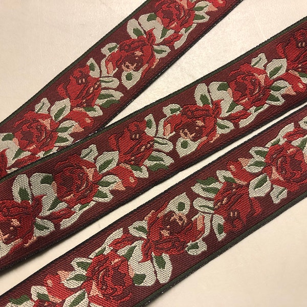 Vintage Floral Jacquard Ribbon, Deep Red with Red, Green and Gray Floral Pattern, 1 3/8 inches wide, Made in France, Price is per Yard