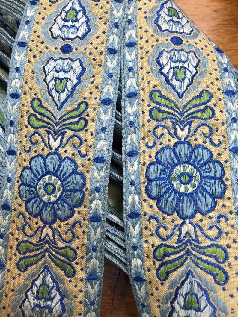 Made in France Price is per Yard Brocade Ribbon with Geometric Floral Pattern Light to Dark Blues Green on a Custard background