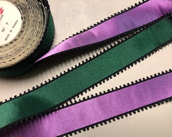 Society Vintage Double-Sided Satin Ribbon in Purple and Green, Picot Edge, 1 1/2 inches wide, Made in France, Price is per Yard