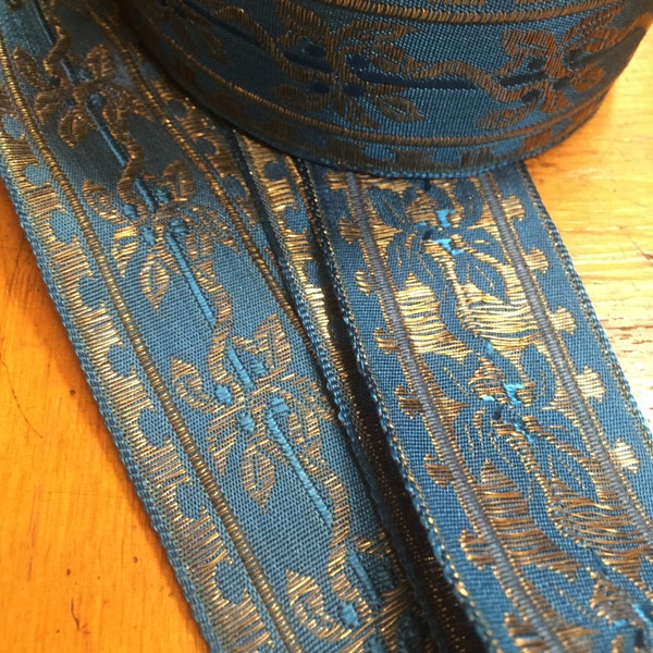 Vintage Jacquard Ribbon, Royal Blue and Iridescent Gold 1 5/8 inches wide, ca. 1950's, gold embroidered thread, Made in France