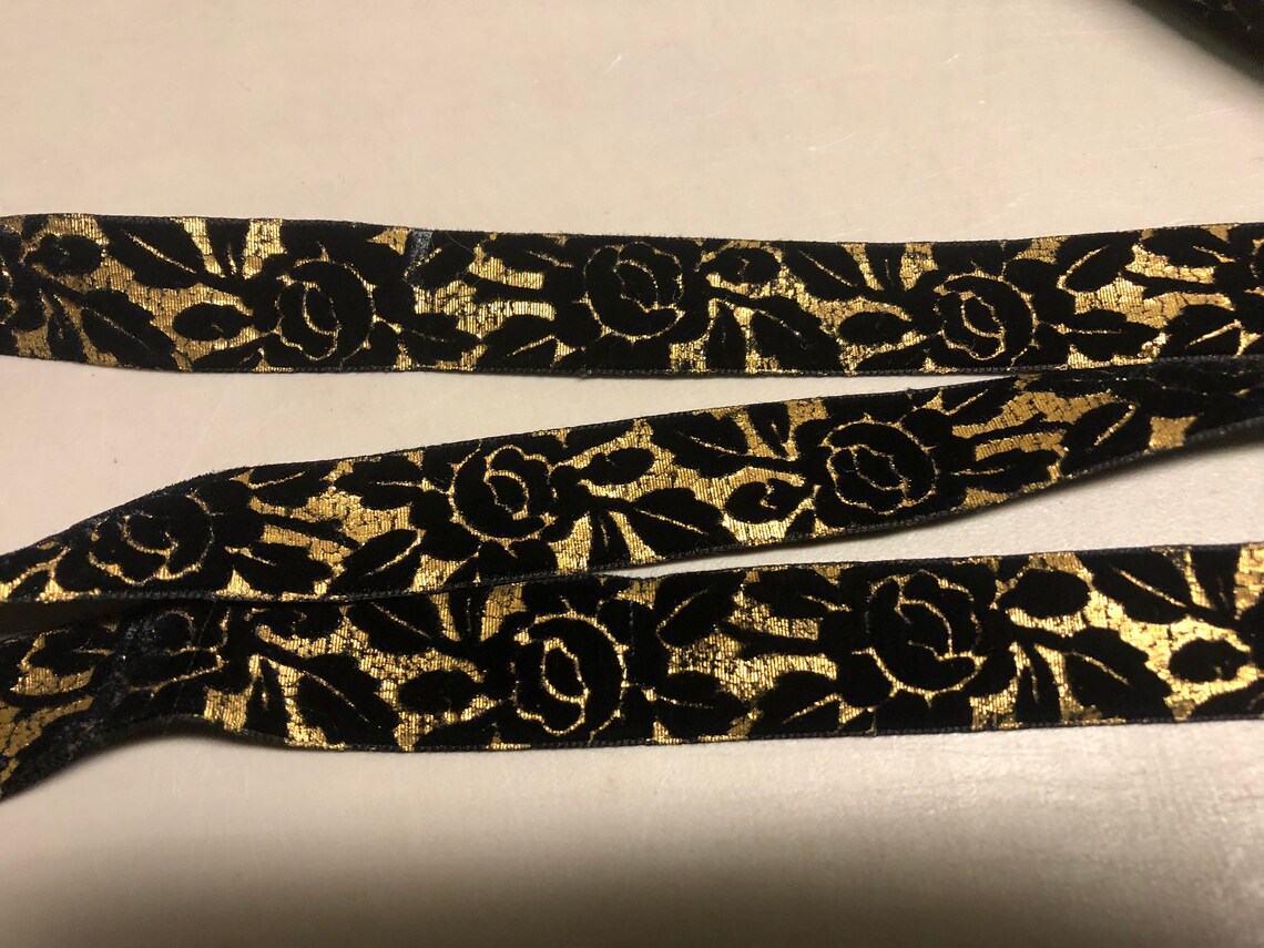 Embossed Velvet Ribbon With Floral Pattern in Black on Gold Etsy