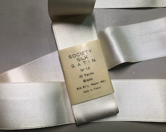 Society Vintage Satin Ribbon in Bridal White, Silk/Rayon Blend, 1 7/8 inches wide, Made in France, Price is per Yard