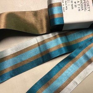 Society Vintage Double-Sided Satin Ribbon with Stripe, Light/Dark Turquoise, Brown, 2 1/8 inches wide, France, Price is per Yard
