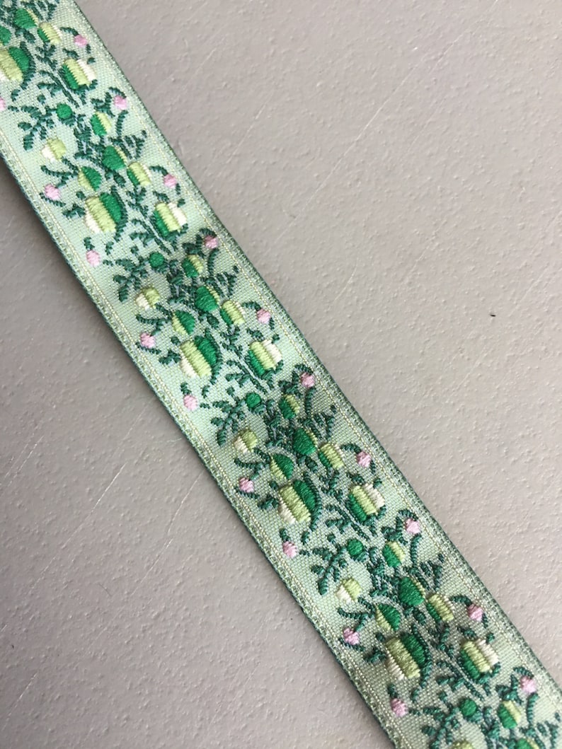 Floral Jacquard Ribbon Pink Yellow and Greens on Light Green Etsy