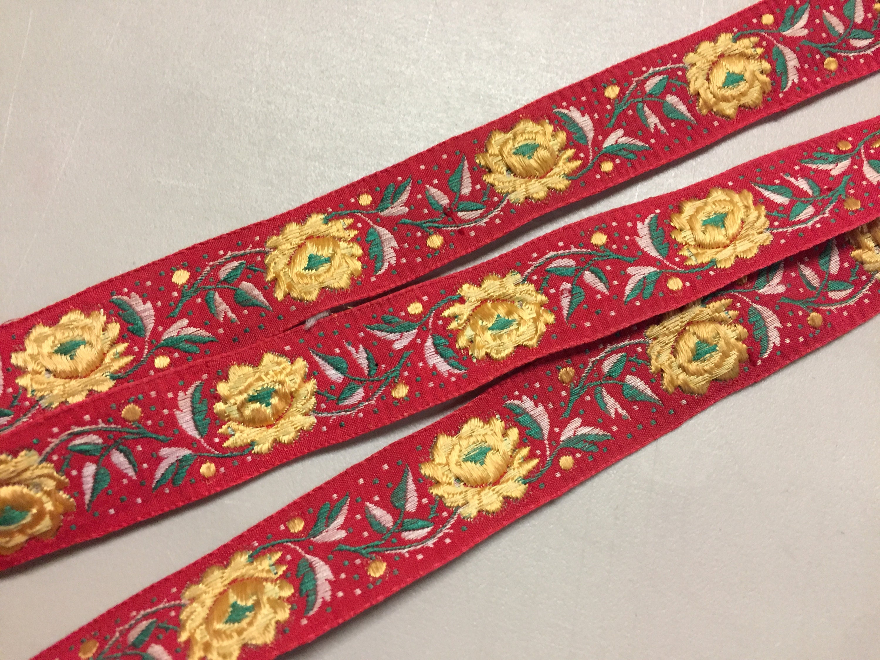 Vintage Floral Jacquard Ribbon Deep Red With Yellow With | Etsy
