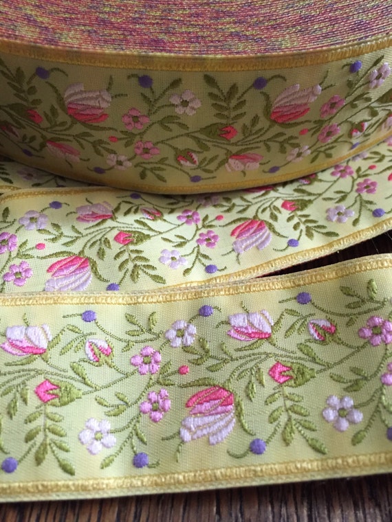 French Floral Jacquard Ribbon Yellow Background With Pink Ombre And Green Florals 1 1 2 Inches Wide