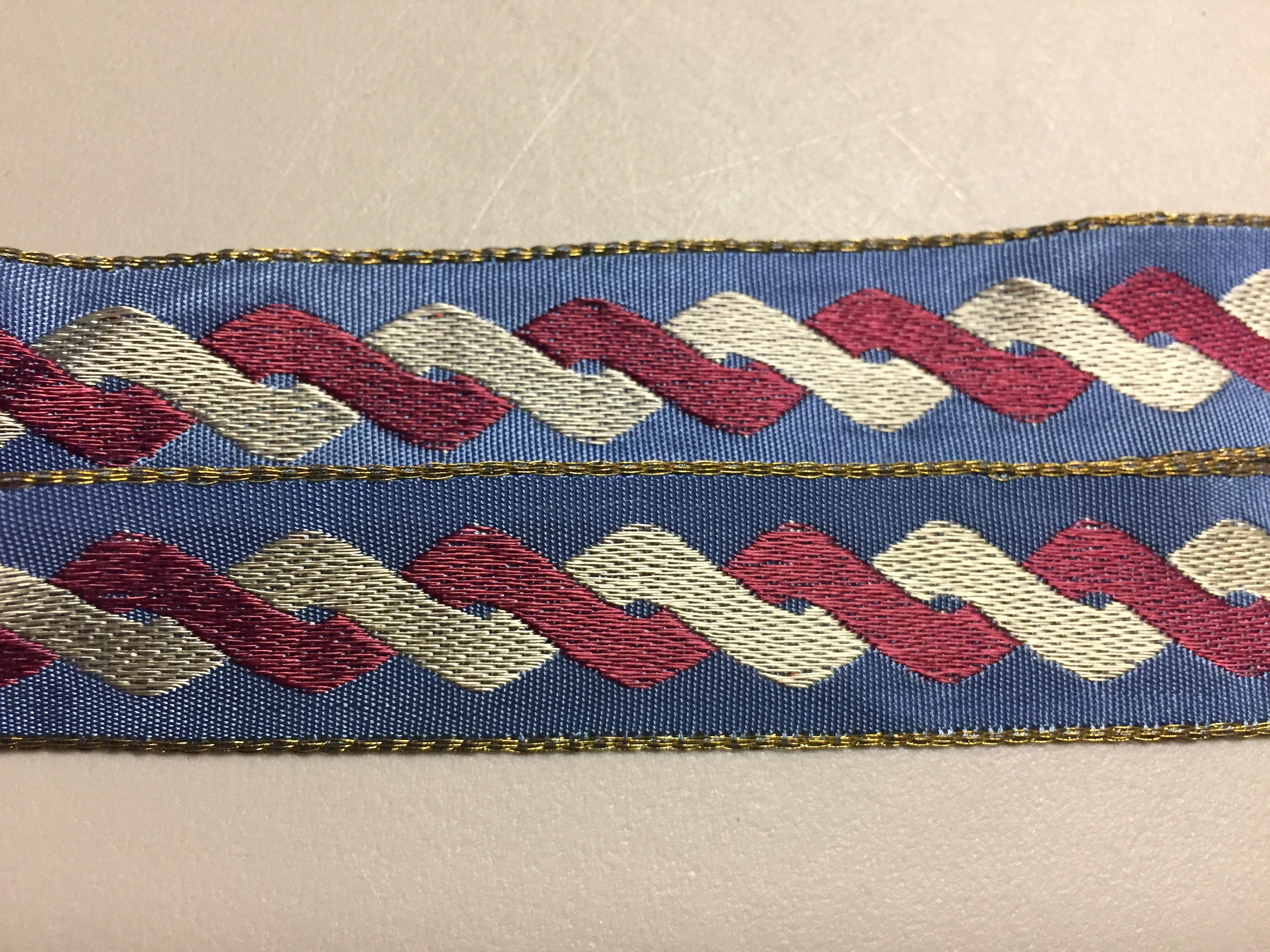 Jacquard Ribbon, Red, Ivory Interlocking Lifted Design on a French Blue ...