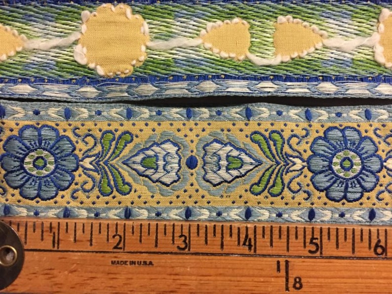 Made in France Price is per Yard Brocade Ribbon with Geometric Floral Pattern Light to Dark Blues Green on a Custard background