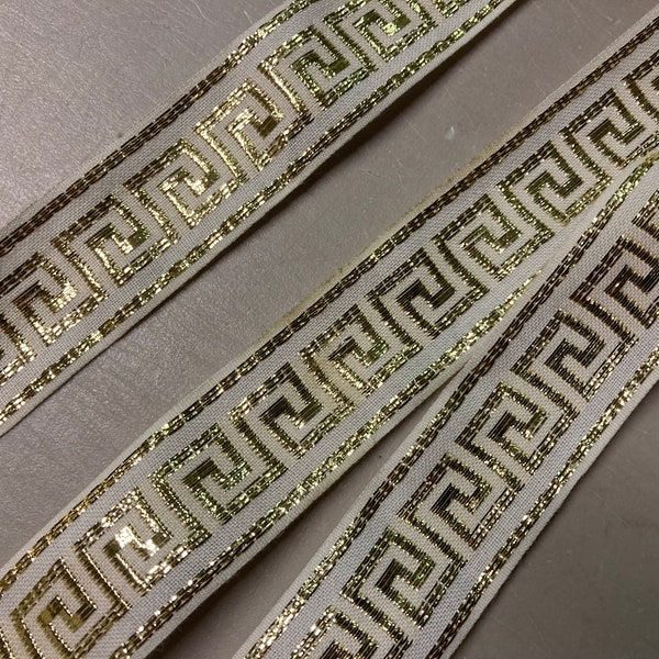 Greek Key Ribbon, Metallic Gold on White, Classic look, 1 inch wide, Price is per Yard