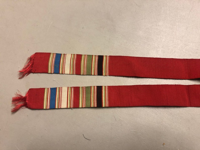Vintage Faille Neck Stole with Striped edge White Stripe Red with White Green Black 31 inches long x 1 18 inches wide Blue