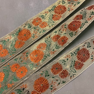 Jacquard Ribbon with Floral Pattern, 1 3/8 inches wide, Gold background with Orange and Green pattern, made in France, Price is per Yard