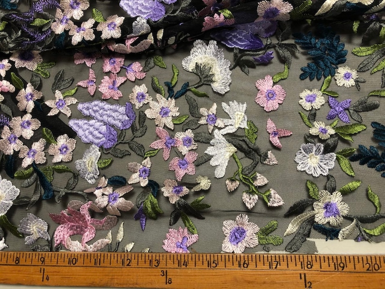 Embroidered Lace Tulle Violet Grapes 54 inches wide price is per Yard Green and Violet florals on a Black tulle White Blush