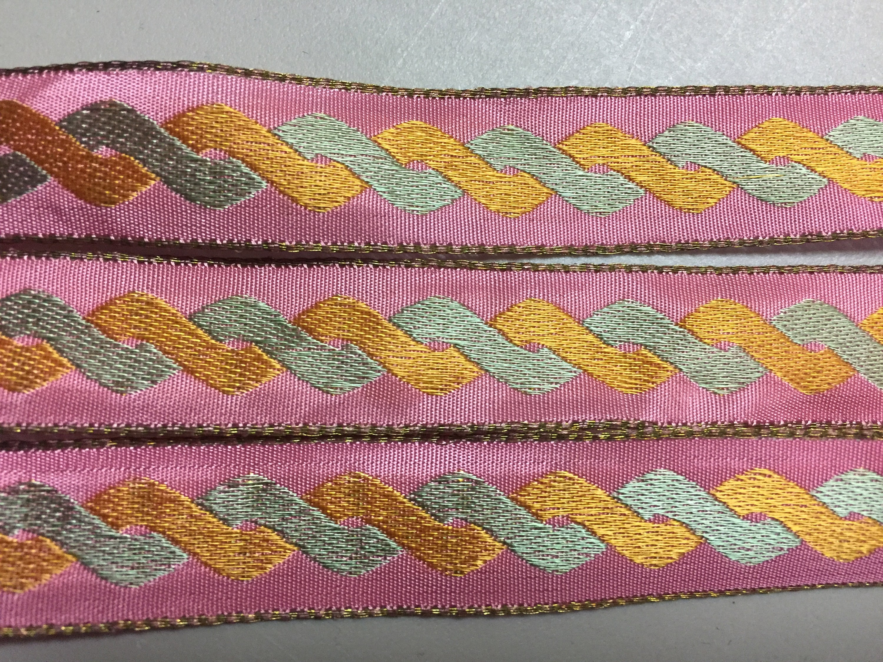 Jacquard Ribbon, Blue and Orange Interlocking Lifted Design on Pink ...