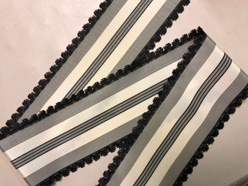 Vintage Taffeta Ribbon, Black and White Stripe with Black Scallo