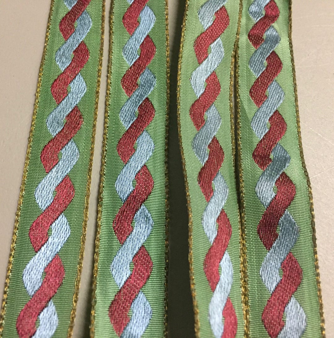 Jacquard Ribbon, Blue and Red Interlocking Lifted Design on Green ...