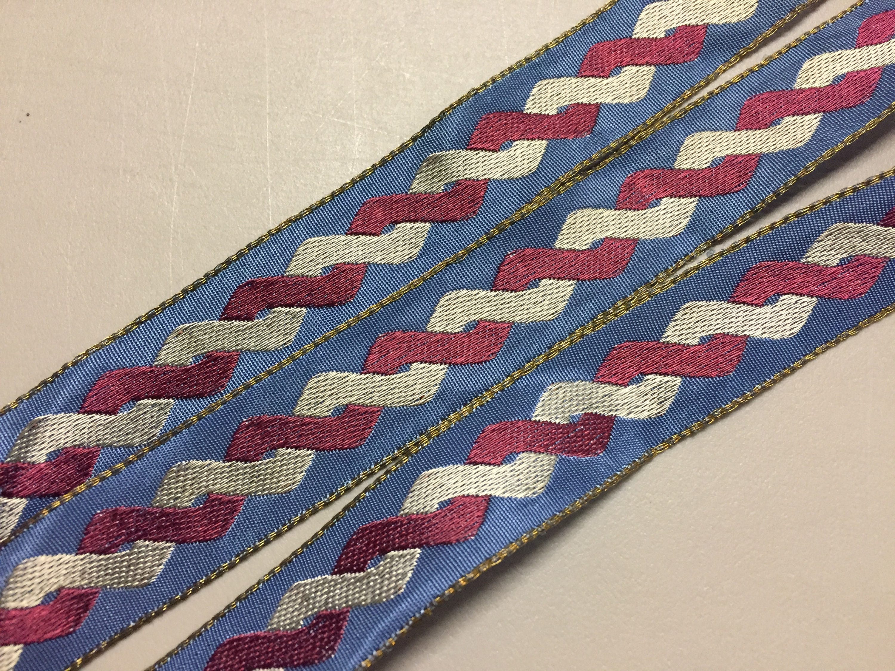 Jacquard Ribbon, Red, Ivory Interlocking Lifted Design on a French Blue ...