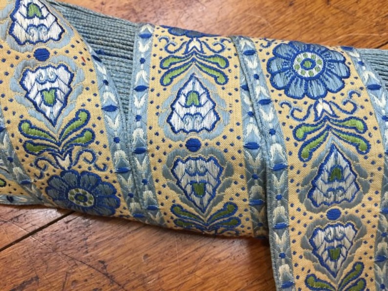 Made in France Price is per Yard Brocade Ribbon with Geometric Floral Pattern Light to Dark Blues Green on a Custard background
