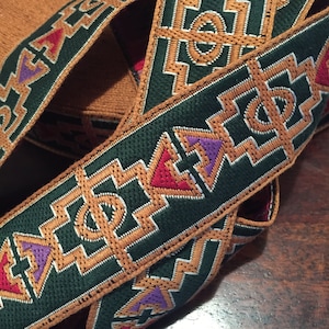 Heavy Embroidered Brocade Ribbon, 1 3/8 inches, an Amber, Purple, Red Design with a Hunter Green Background, Incredible Quality