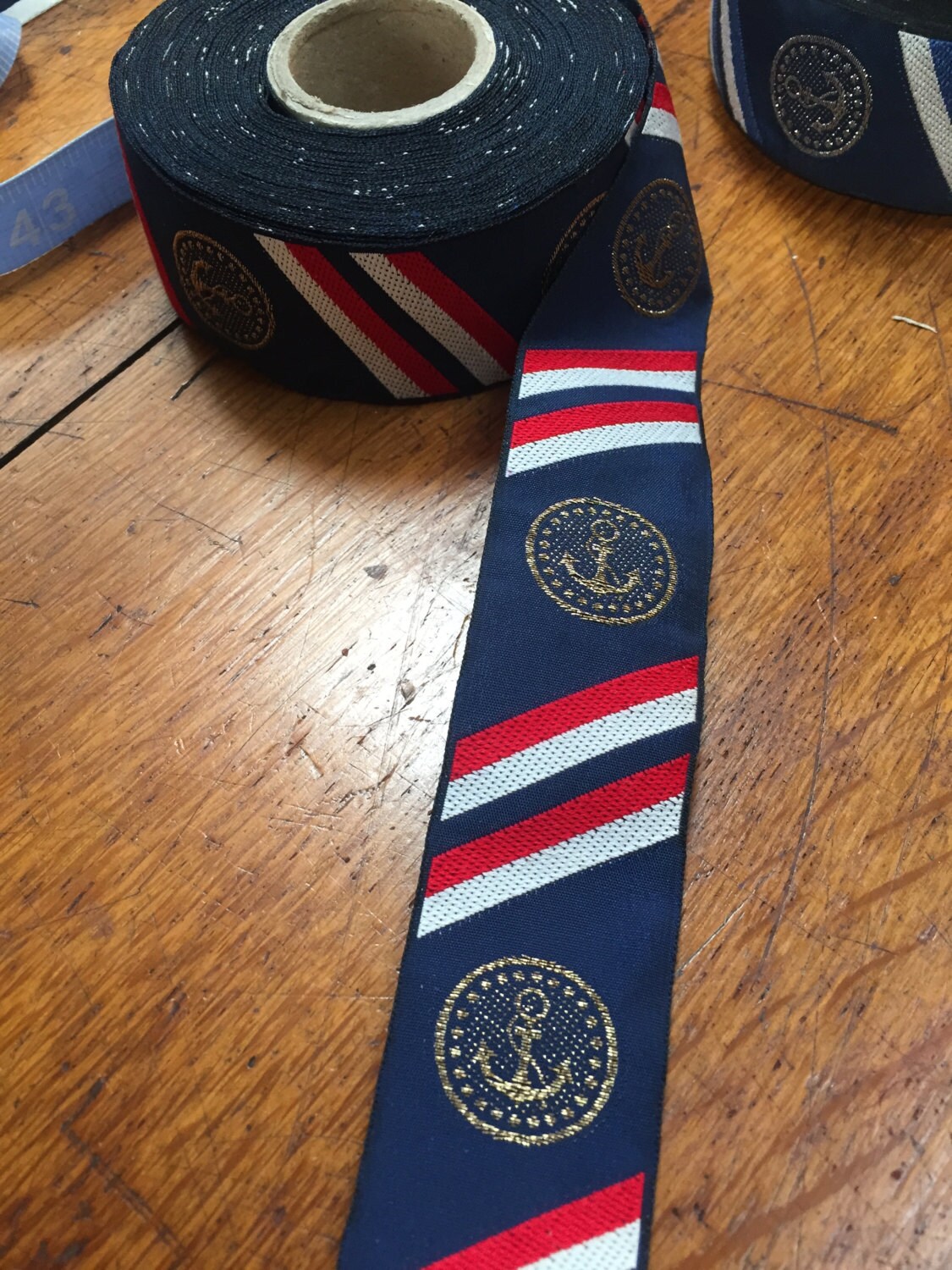 Vintage Naval Ribbon - Iridescent Gold Anchor Crest With Red, White and ...