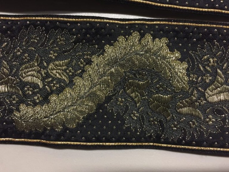 made in France Vintage Ribbon in Black with a Metallic Gold Paisley pattern Price is per Yard 2 58 inches wide