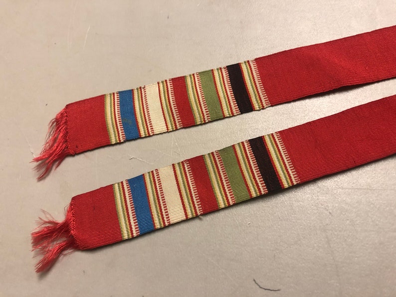 Vintage Faille Neck Stole with Striped edge White Stripe Red with White Green Black 31 inches long x 1 18 inches wide Blue
