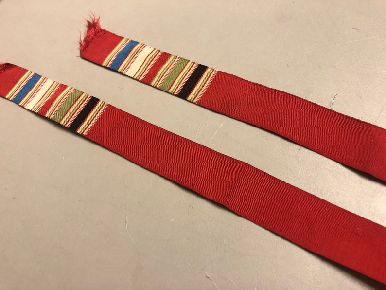 Vintage Faille Neck Stole with Striped edge White Stripe Red with White Green Black 31 inches long x 1 18 inches wide Blue