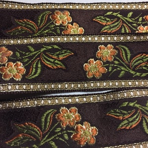 Vintage Floral Brocade Ribbon in Sage Green and Auburn Orange on Brown ...