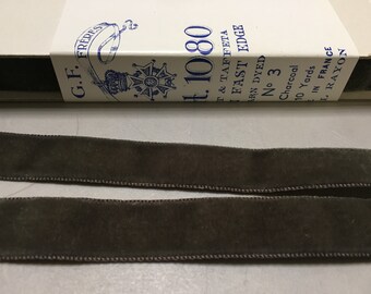Velvet Ribbon in Charcoal Gray, Taffeta Back, made in France, 5/8 inches wide, Price is per Yard