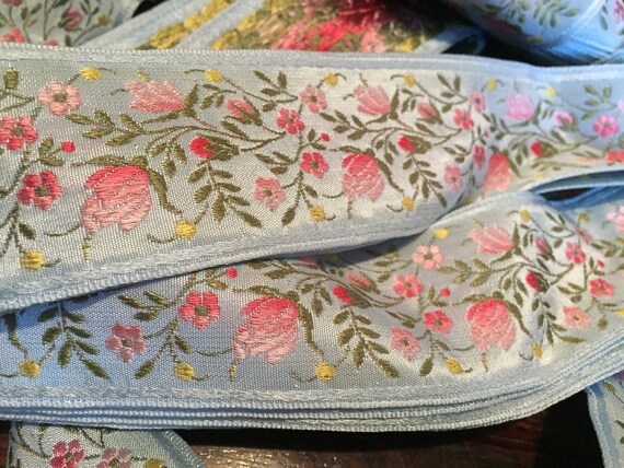 French Floral Jacquard Ribbon Blue Background With Pink Ombre And Green Florals 1 1 2 Inches Wide