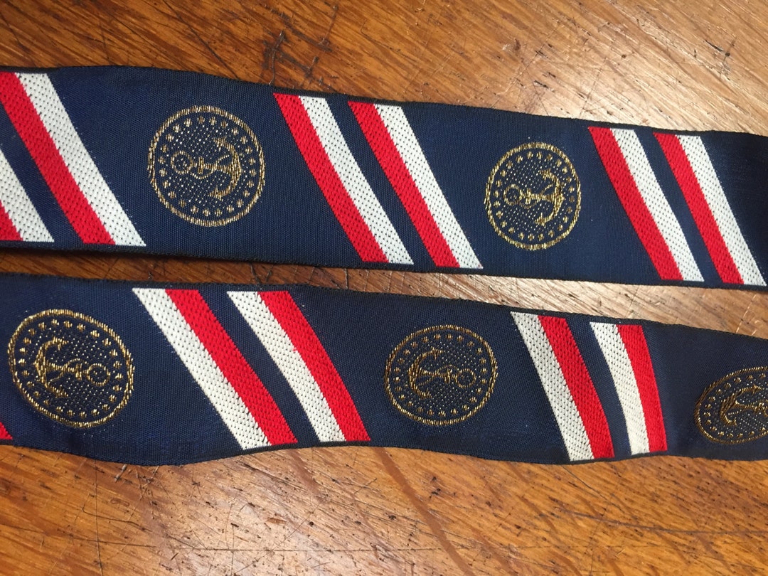 Vintage Naval Ribbon - Iridescent Gold Anchor Crest With Red, White and ...