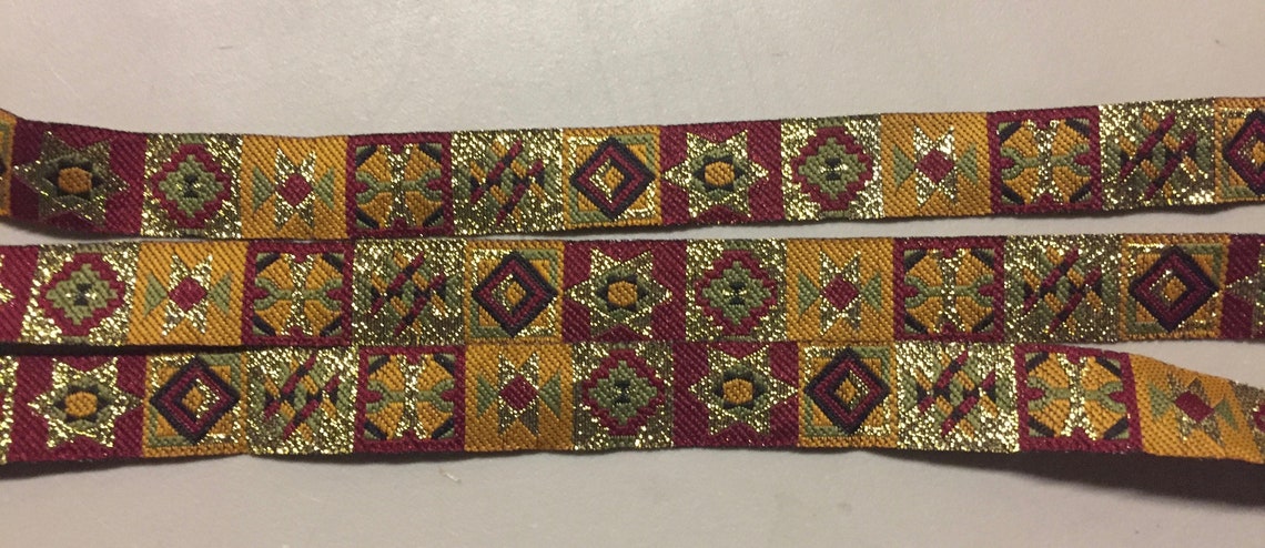 Ribbon with Square Geometric Pattern Deep Red Metallic Gold | Etsy
