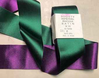 Society Vintage Two Tone Satin Ribbon with Royal Purple and Hunter Green, 2 1/8 inches wide, France, Price is per Yard